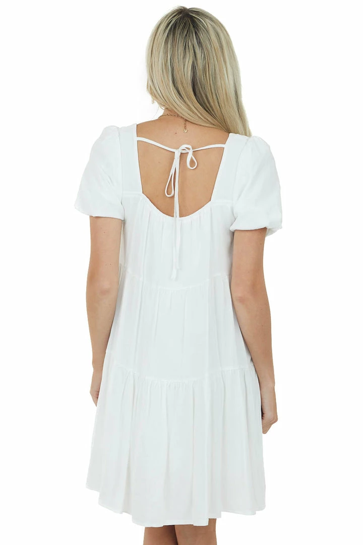 She + Sky Off White Puff Sleeve Square Neck Tiered Dress Dresses 7 She + Sky Off White Puff Sleeve Square Neck Tiered Dress Dresses