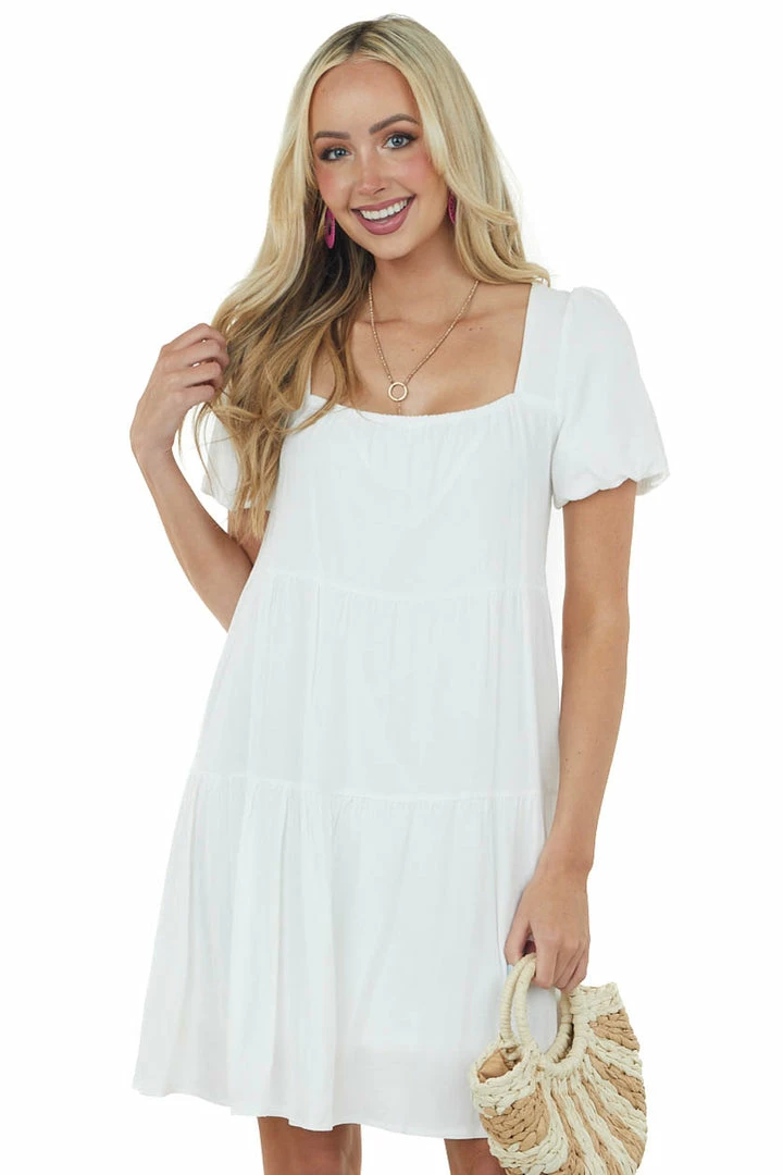 She + Sky Off White Puff Sleeve Square Neck Tiered Dress Dresses 3 She + Sky Off White Puff Sleeve Square Neck Tiered Dress Dresses