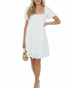 She + Sky Off White Puff Sleeve Square Neck Tiered Dress Dresses 9 She + Sky Off White Puff Sleeve Square Neck Tiered Dress Dresses