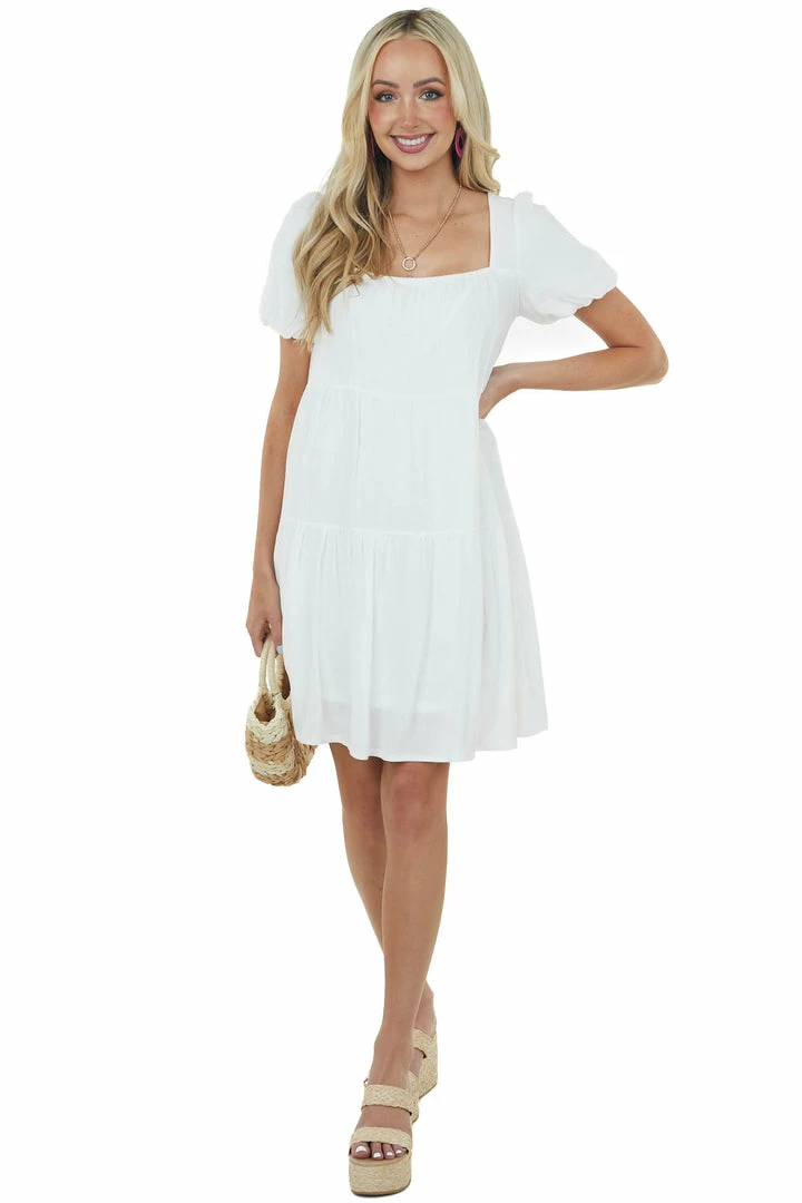 She + Sky Off White Puff Sleeve Square Neck Tiered Dress Dresses 4 She + Sky Off White Puff Sleeve Square Neck Tiered Dress Dresses