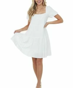 She + Sky Off White Puff Sleeve Square Neck Tiered Dress Dresses 10 She + Sky Off White Puff Sleeve Square Neck Tiered Dress Dresses