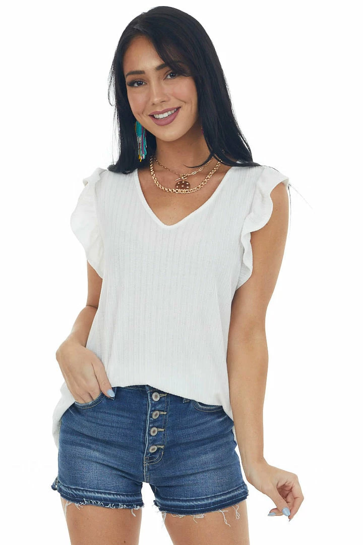 143 Story Off White Ribbed Ruffle Cap Sleeve Tie Back Top 3 143 Story Off White Ribbed Ruffle Cap Sleeve Tie Back Top