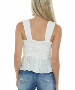 She + Sky Tops Off White Ruched Bodice Sleeveless Peplum Top
