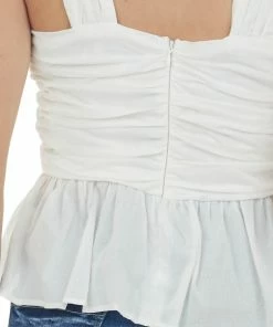 She + Sky Tops Off White Ruched Bodice Sleeveless Peplum Top