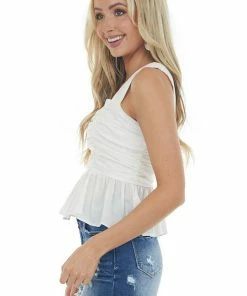 She + Sky Tops Off White Ruched Bodice Sleeveless Peplum Top