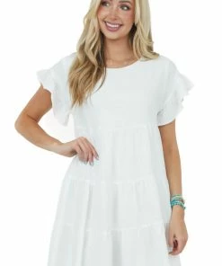 She + Sky Dresses Off White Ruffle Sleeve Tiered Babydoll Dress