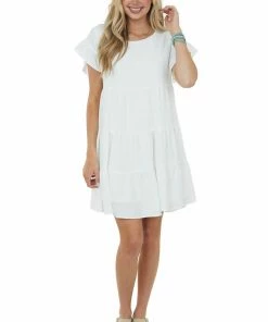 She + Sky Dresses Off White Ruffle Sleeve Tiered Babydoll Dress