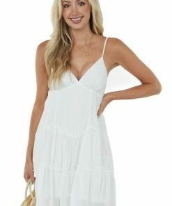 She + Sky Off White Sleeveless Tiered Babydoll Short Dress Dresses 12 She + Sky Off White Sleeveless Tiered Babydoll Short Dress Dresses