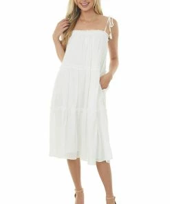 Allie Rose Dresses Off White Sleeveless Tiered Midi Dress