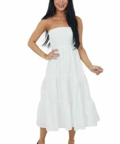 Allie Rose Off White Smocked Strapless Tiered Midi Dress Dresses