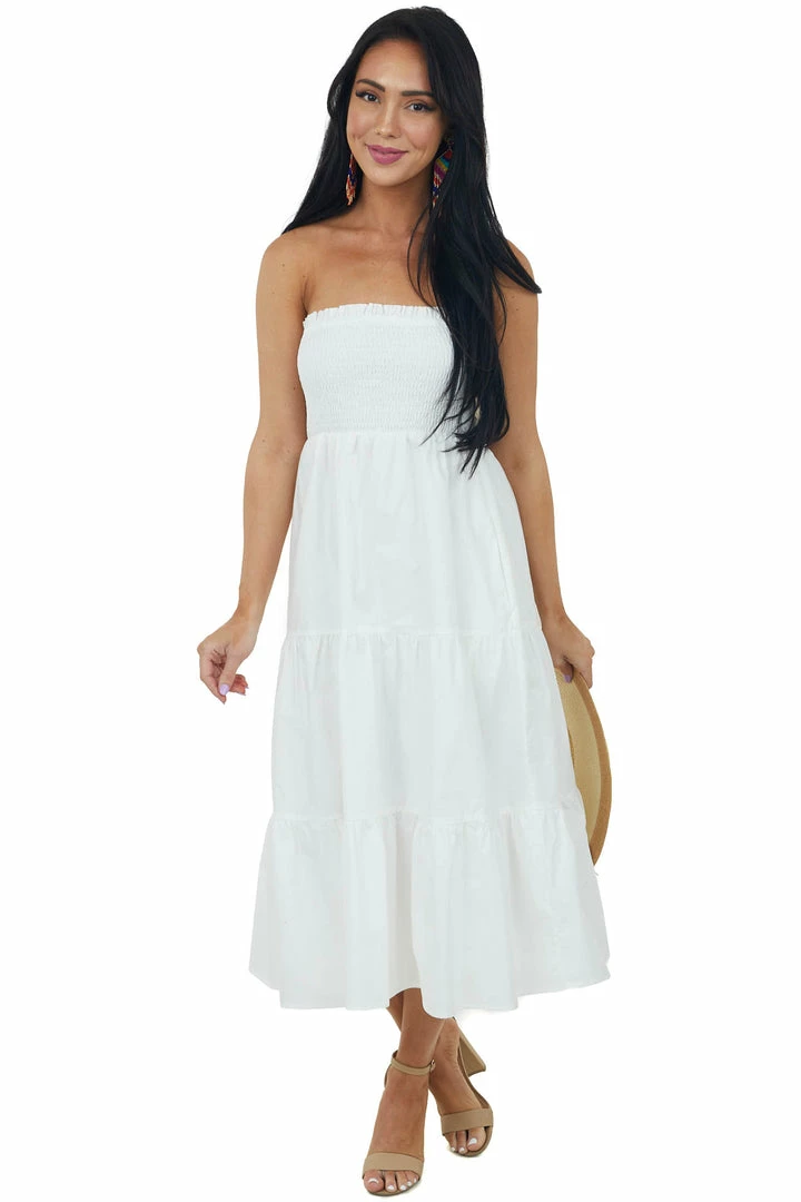 Allie Rose Off White Smocked Strapless Tiered Midi Dress Dresses 5 Allie Rose Off White Smocked Strapless Tiered Midi Dress Dresses