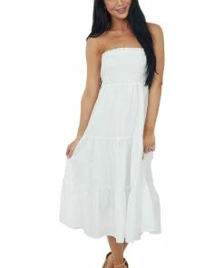 Allie Rose Off White Smocked Strapless Tiered Midi Dress Dresses