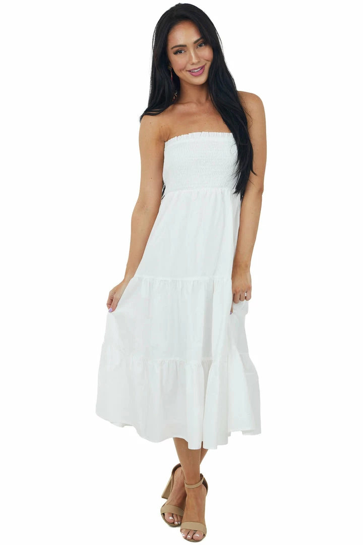 Allie Rose Off White Smocked Strapless Tiered Midi Dress Dresses 4 Allie Rose Off White Smocked Strapless Tiered Midi Dress Dresses