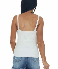 Eesome Off White Stretchy Ribbed Knit V Neck Tank Top