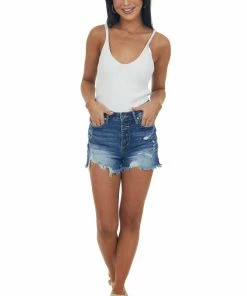 Eesome Off White Stretchy Ribbed Knit V Neck Tank Top