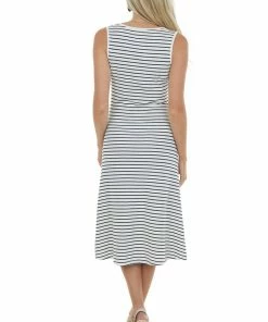 She + Sky Dresses Off White Striped Sleeveless Knit Midi Dress
