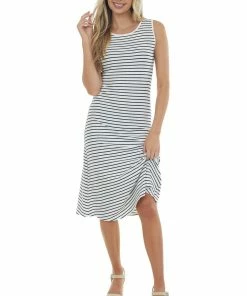 She + Sky Dresses Off White Striped Sleeveless Knit Midi Dress