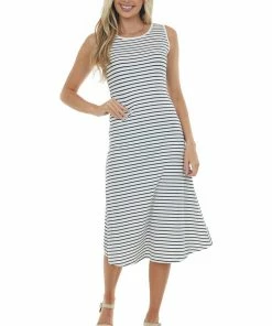 She + Sky Dresses Off White Striped Sleeveless Knit Midi Dress