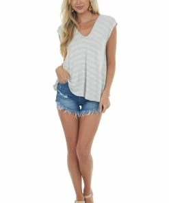 Andree Off White Striped V Neck Cap Sleeve Knit Top