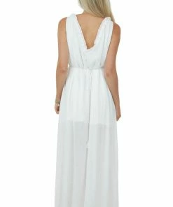 Aakaa Dresses Off White Surplice Maxi Dress With Deep Side Slit