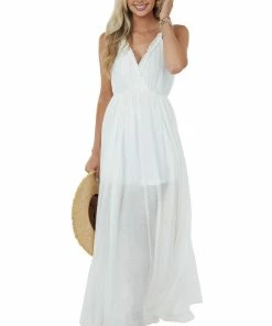 Aakaa Dresses Off White Surplice Maxi Dress With Deep Side Slit