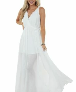 Aakaa Dresses Off White Surplice Maxi Dress With Deep Side Slit