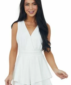 She + Sky Off White Surplice Tiered Flounce Hem Woven Romper Dresses