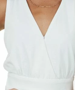 She + Sky Off White Surplice Tiered Flounce Hem Woven Romper Dresses