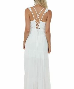 Doe & Rae Dresses Off White Surplice Tiered Strappy Back Maxi Dress