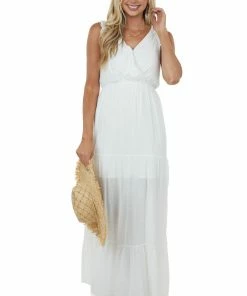 Doe & Rae Dresses Off White Surplice Tiered Strappy Back Maxi Dress