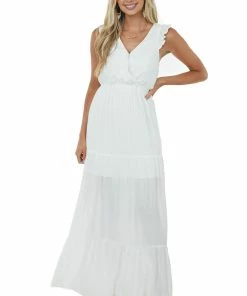 Doe & Rae Dresses Off White Surplice Tiered Strappy Back Maxi Dress
