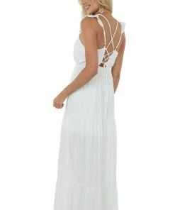 Doe & Rae Dresses Off White Surplice Tiered Strappy Back Maxi Dress