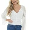 143 Story Off White Swiss Dot Ruched Cropped Blouse Tops