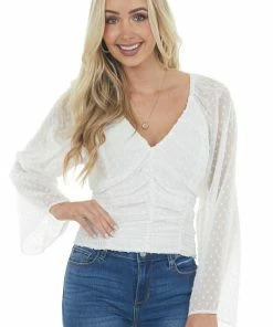 143 Story Off White Swiss Dot Ruched Cropped Blouse Tops