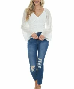 143 Story Off White Swiss Dot Ruched Cropped Blouse Tops