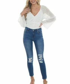 143 Story Off White Swiss Dot Ruched Cropped Blouse Tops