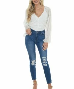 143 Story Off White Swiss Dot Ruched Cropped Blouse Tops