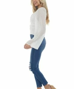 143 Story Off White Swiss Dot Ruched Cropped Blouse Tops