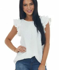 143 Story Off White Swiss Dot Ruffle Sleeve A Line Top Tops