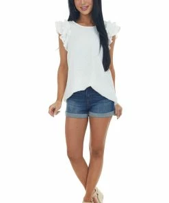 143 Story Off White Swiss Dot Ruffle Sleeve A Line Top Tops