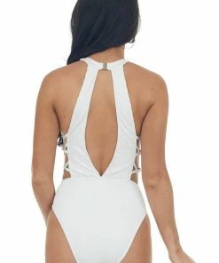 Envya Off White Textured One Piece Swimsuit With Halter Neckline