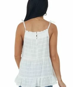 Very J Off White Tie Strap Tiered Woven Tank Top Tops