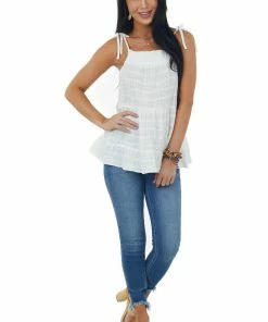 Very J Off White Tie Strap Tiered Woven Tank Top Tops