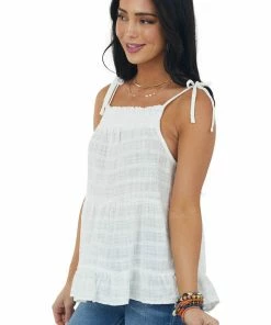 Very J Off White Tie Strap Tiered Woven Tank Top Tops