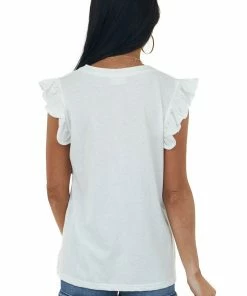 BiBi Tops Off White V Neck Ruffle Cap Sleeve Knit Top