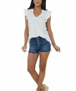 BiBi Tops Off White V Neck Ruffle Cap Sleeve Knit Top