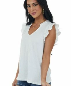 BiBi Tops Off White V Neck Ruffle Cap Sleeve Knit Top
