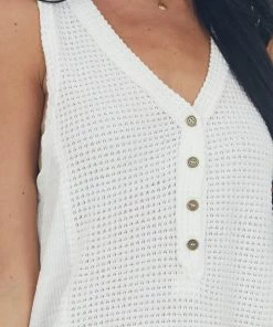 POL Clothing Tops Off White Waffle Knit Button Front Tank Top 13 POL Clothing Tops Off White Waffle Knit Button Front Tank Top