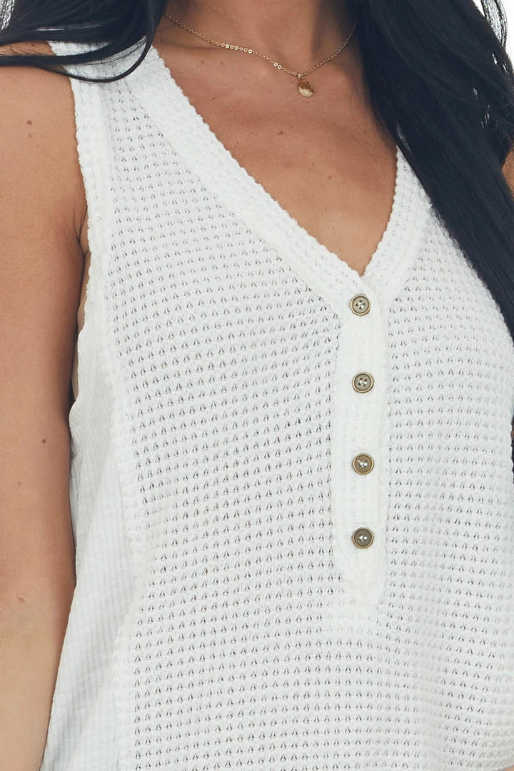 POL Clothing Tops Off White Waffle Knit Button Front Tank Top 8 POL Clothing Tops Off White Waffle Knit Button Front Tank Top