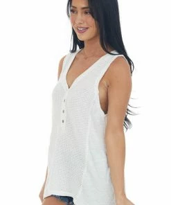 POL Clothing Tops Off White Waffle Knit Button Front Tank Top 11 POL Clothing Tops Off White Waffle Knit Button Front Tank Top